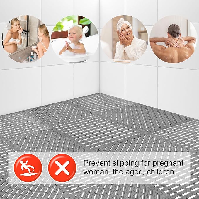MYFAMIREA Modular Interlocking Cushion 12 Pack 11.8" x 11.8" Rubber Floor Tiles Non-Slip Splicing Drainage Mats for Deck, Pool, Shower, Patio, Balcony, Bathroom, Kitchen, Yard (Diagonal, Gray) - Image 6