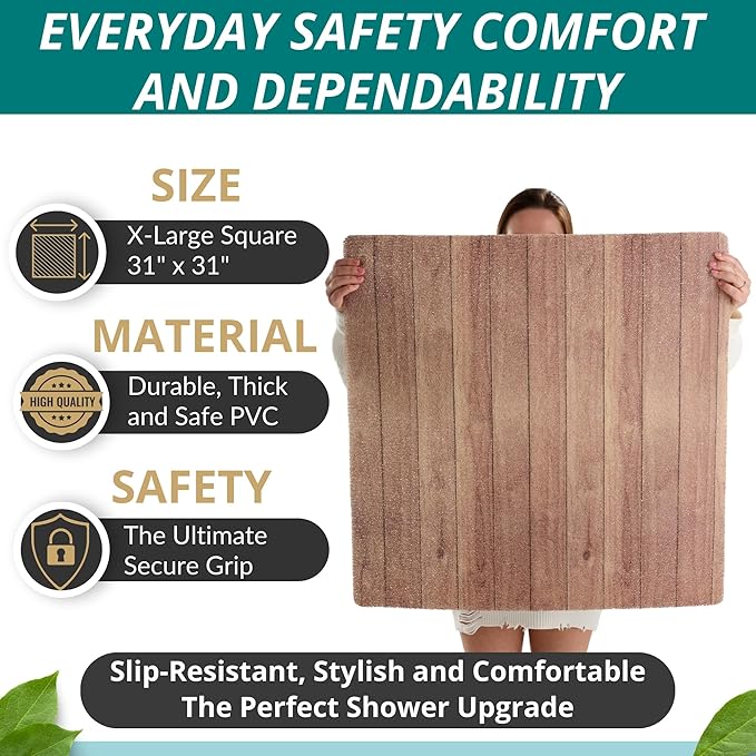 Square Shower Mat - Non Slip Shower Mats for Inside Shower - Extra Large 31x31 Shower Floor Mat Non Slip - Square Bath Mat for Shower - Secure Anti Slip Loofah Shower Bath Mat (31x31 Wood Teak) - Image 2