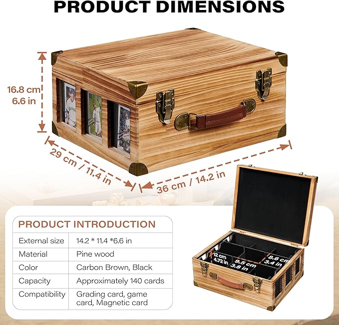 Graded Card Storage Box with Display Window, Wood Card Case for 140+ Cards PSA BGS FGS & SGC, Sports Cards Trading Cards, Graded Card Slab Carrying Case, Christmas Gifts (Carbonized Brown) - Image 2