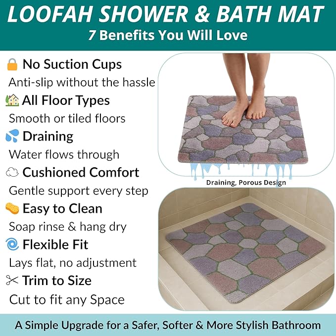 Square Shower Mat - Non Slip Shower Mats for Inside Shower - Extra Large 31x31 Shower Floor Mat Non Slip - Square Bath Mat for Shower - Secure Anti Slip Loofah Shower Bath Mat (31x31 Stone Path) - Image 4