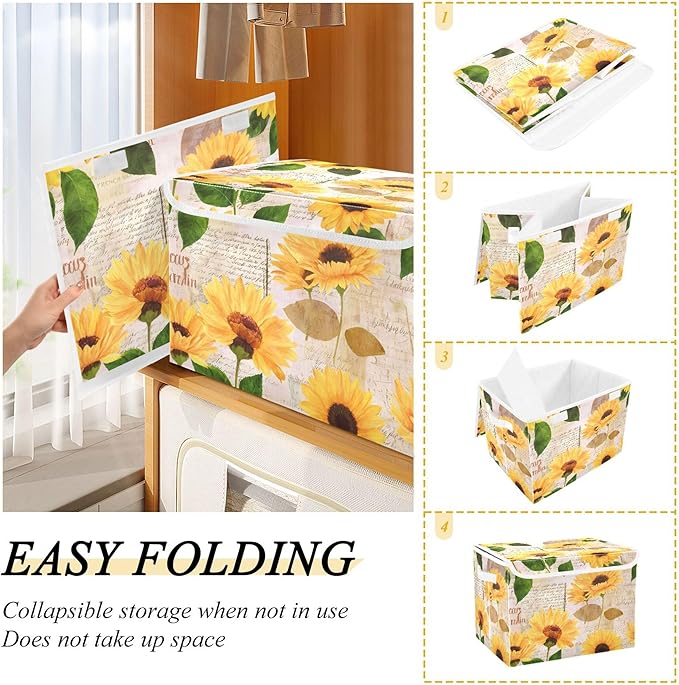 xigua Yellow Sunflower Storage Bins with Lids and Carrying Handle,Foldable Storage Boxes Organizer Containers Baskets Cube with Cover for Home Bedroom Closet Office - Image 4