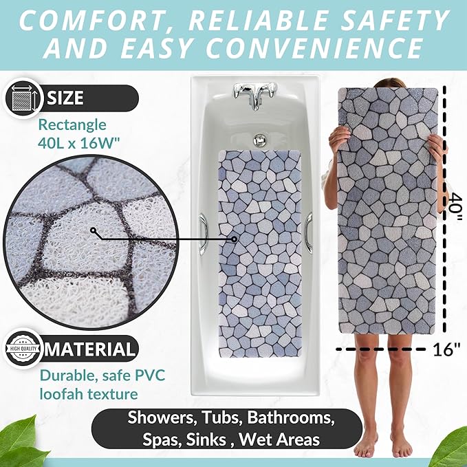 Non Slip Bathtub Mat Shower Mat for Tub - Loofah Bath Mats for Bathroom - 40x16 Bathtub Floor Mat - Textured Anti Slip Bath Mat Without Suction Cups - Secure Mat for Wet Areas (40x16 Pebble Blue) - Image 3