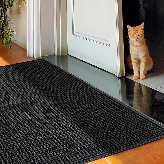 WaterHog Squares Front Door Mat Indoor Outdoor Entrance, Absorbent All-Weather Doormat with Non-Slip Rubber Backing, Dirt & Moisture Trapper, Low Profile, Easy Clean, Made in USA, 45.5"x70" Charcoal - Image 2