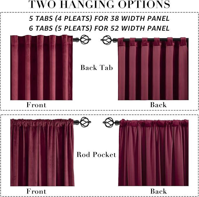 Burgundy Curtains for Bedroom,Blackout Velvet Victorian Room Darkening Insulating Thermal Drapes for Living Room,Back Tab Rod Pocket Single Curtain Panel,52 in Wide by 80 inch Long,Dark Wine Red - Image 6