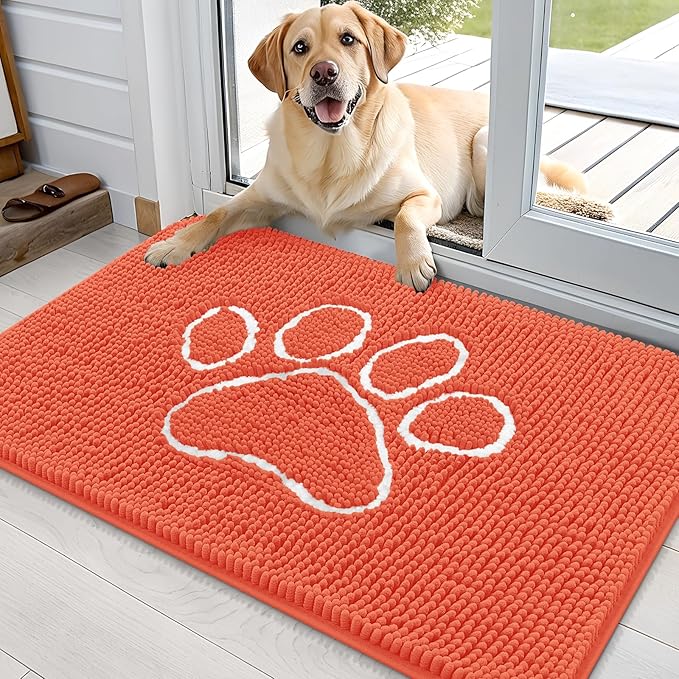 OLANLY Dog Door Mat for Muddy Paws 36x24, Paw Print Design, Absorbs Moisture and Dirt, Absorbent Non-Slip Washable Doormat, Quick Dry Chenille Mud Mat for Dogs, Entry Indoor Entryway Carpet, Coral by OLANLY