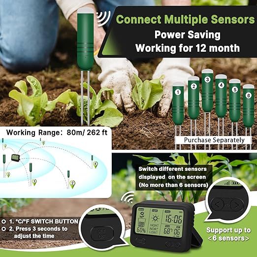 4-in-1 Wireless Soil Moisture Meter/Thermometer/Sunlight/Time,PH Paper, Waterproof Plant Moisture Sensor Meter with Digital LCD Display for Garden, Lawn and Indoor Plants - Image 3