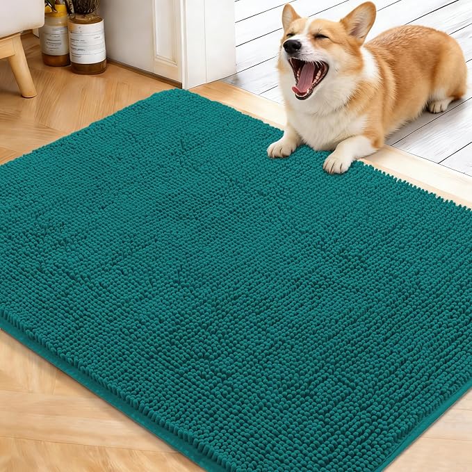 OLANLY Dog Door Mat for Muddy Paws 40x32, Absorbs Moisture and Dirt, Absorbent Non-Slip Washable Doormat, Quick Dry Chenille Mud Mat for Dogs, Entry Indoor Entryway Carpet for Inside Floor, Lake Blue by OLANLY