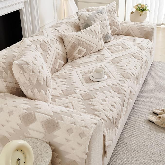 Boho Plush Couch Covers for Sofa Washable, Fuzzy Soft Couch Cover for Sectional Sofa, Non Slip Jacquard Sofa Cover Furniture Protector for Kids, Pets (Light Coffee,28"x94") - Image 6