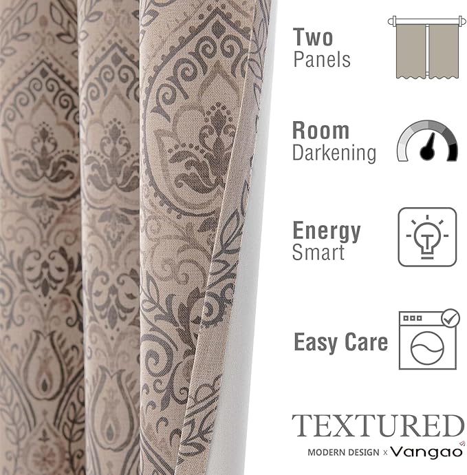 Vangao Damask Curtains 63 Inch Length 2 Panels Gray Paisley Medallion Print Curtains for Bedroom Living Room Darkening Drapes Vintage Retro Linen Textured Window Treatment Grey on Beige - Image 7