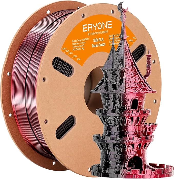 ERYONE Silk Dual Color PLA Filament 3D Printer 1.75mm +/- 0.03mm, Bicolor Filament Two Tone PLA 1KG(2.2lbs) Cardboard Spool, Black Red by ERYONE
