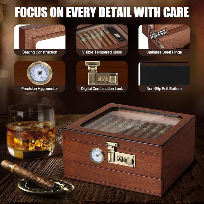 Cigar Humidor, Cedar Wood Humidor Cigar Box, Glass Top Desktop Humidor with Front Hygrometer, Humidifier, Divider, Accessories Drawer and Combination Lock, Cigar Gifts for Men (Brown) - Image 6