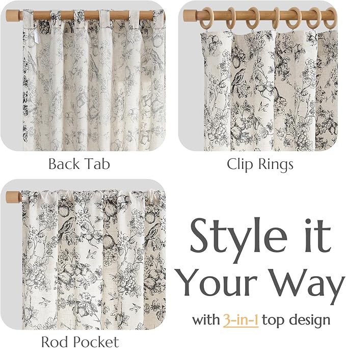 jinchan Linen Floral Curtains for Living Room 96 Inch Length Black Printed Flower Light Filtering French Country Curtain Farmhouse Cottage Core Toile Curtains Back Tab Window Drapes Set 2 Panels - Image 4
