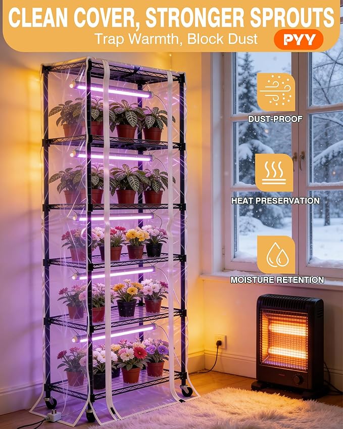 PYY Indoor Greenhouse with Grow Light - Heavy Duty 8 T8 3000K Grow Lights with 3 Color Modes, 6 Tier Plant Stand with Mechanical Timer, Thermometer and 4 Wheels for Planting (27.6"×15.7"×70.9" inch) - Image 2