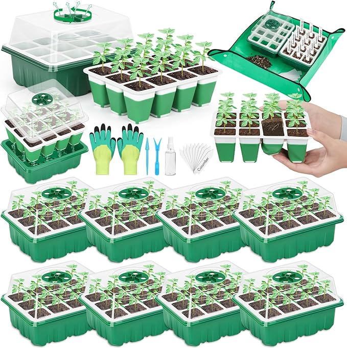 Reusable Silicone Seed Starter Tray, 96 Cells Seed Starter Kit with Humidity Adjustable Dome and Lid, 8 Packs Plant Germination Trays with Repotting Mat Germination Kit for Seeds Grow Starting by Qinzave