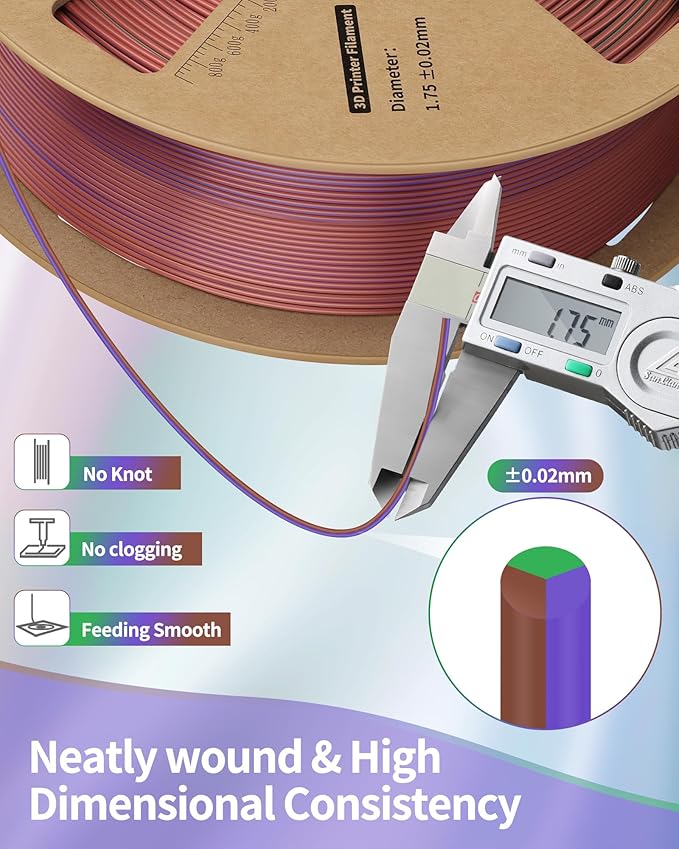 LANDU Silk Tri-Color PLA Filament 1.75mm 1Kg,Triple Color Silk PLA Filament, Silk Rainbow PLA Filament,Neatly Wound 3D Printer Filament,3 in 1 Multi Color Filament +/-0.02mm, Silk Green Purple Copper - Image 5