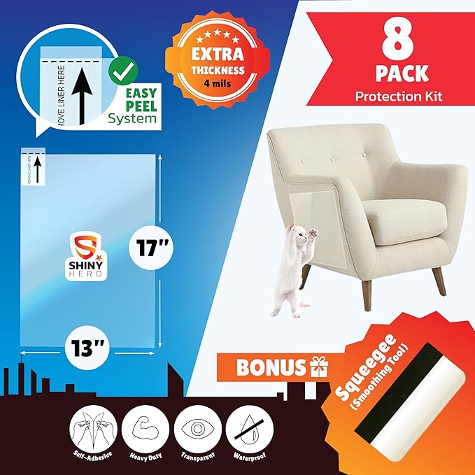 8-Pack - Clear Wall & Door Protector from Dog Scratching - Anti Cat Couch Guard Plastic Sheets, Furniture Self-Adhesive Removable Sticky Tape, Transparent Thick Sofa Scratch Deterrent Frame Cover Film - Image 3