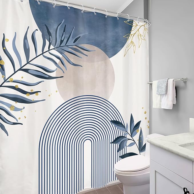 Navy Blue Boho Shower Curtain 72Wx78H Grey Modern Bohemian Abstract Leaves Plant Botanical Mid Century Minimalist Bathroom Decor Geometric Neutral Bath Curtain Fabric Polyester 12 Pack Hooks - Image 4