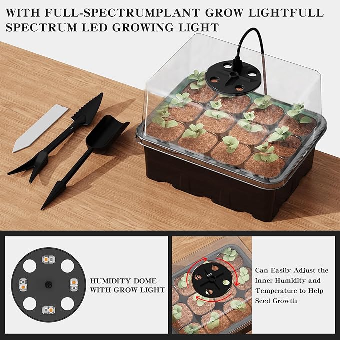 NBPLUS Seed Starter Tray with Grow Light, 5 Pack 60 Cells Seed Starter kit with Humidity Dome and Base, Plant Seedling Trays Indoor Greenhouse Gardening (Black 5 Pack) - Image 2