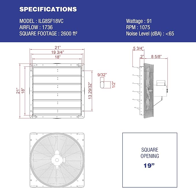 iLiving 18" Shutter Exhaust Fan with Wireless Smart Remote Controlled Thermostat and Humidity, Variable Speed Wall Mounted Attic Vent Fan, Chicken Coop Ventilation, 1736 CFM, 2600 SQF Coverage Area - Image 4