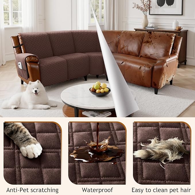 Arfntevss Waterproof Recliner Sectional Couch Covers for Reclining Sectional L Shape Sofa Cover Non Slip Washable Recliner L Shaped Slipcover Sets for Dog Furniture Protector (5 Seater, Dark Brown) - Image 6