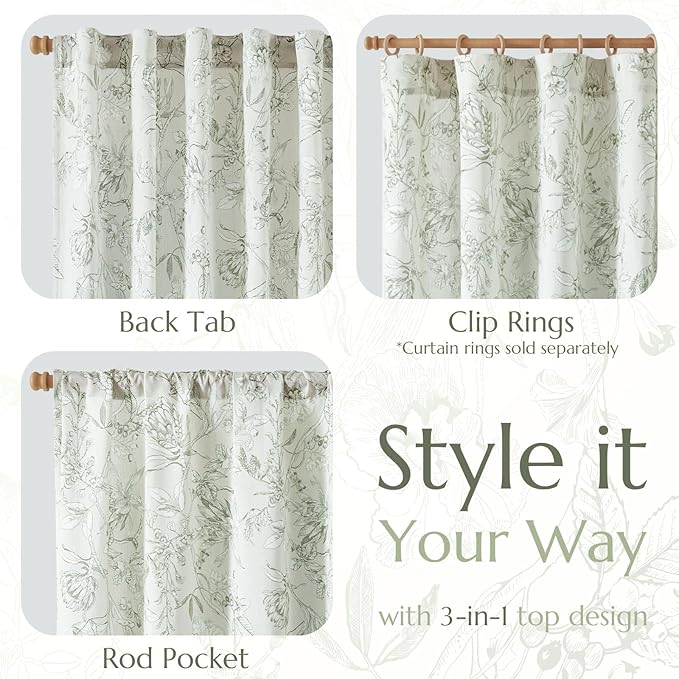 jinchan Floral Curtains 96 Inches Long Sage Green Flower Linen Farmhouse Curtain for Living Room French Country Vintage Curtain Rod Pocket Curtains Set 2 Panels Floral Printed - Image 5