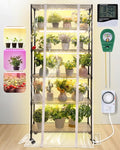 Meonum Indoor Greenhouse with Grow Lights, 6 Tier Metal Plant Shelf with Cover (30" x 13.8" x 70.8"), 5 Pack Full Spectrum Growing Lamps for Seed Starting, Grow Rack with Timer, Thermometer, pH Meter by Meonum