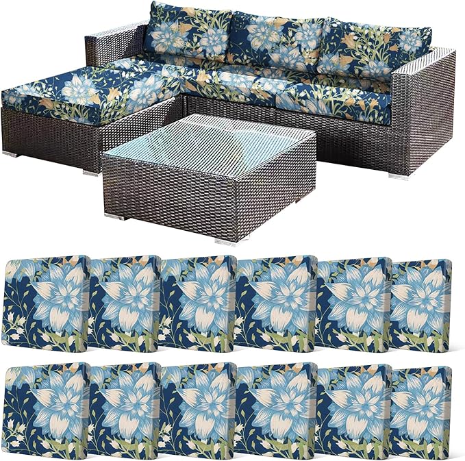 12Pcs Stretch Patio Cushion Cover, Printed Couch & Sofa Slipcovers for Patio Furniture Cushions Washable Reusable Couch Covers Replacement for Autumn Winter (Dark Blue Floral, Cover Only) by CALBODE
