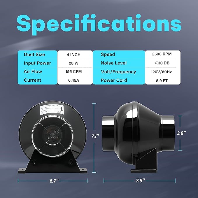 iPower 4 Inch 195 CFM Inline Duct Exhaust Fan Air Vent Booster Ventiliation Blower for Grow Tent, Attic, HVAC, Basements or Kitchens, Low Noise, Black - Image 3