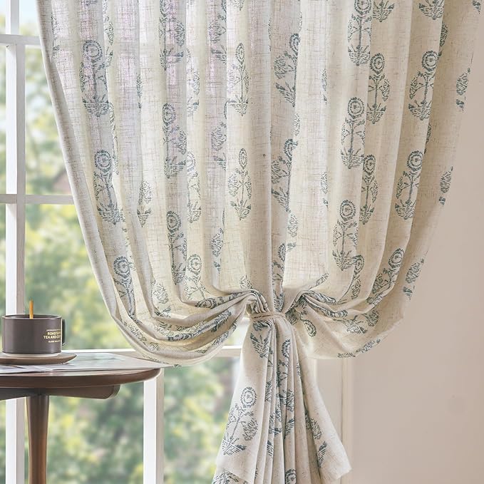 jinchan Linen Floral Curtains for Living Room 84 Inch Length Blue Flower Cottage Core Farmhouse Curtains Rod Pocket Back Tab Boho Semi Sheer Window Drapes Bedroom Set 2 Panels Blue on Beige - Image 7