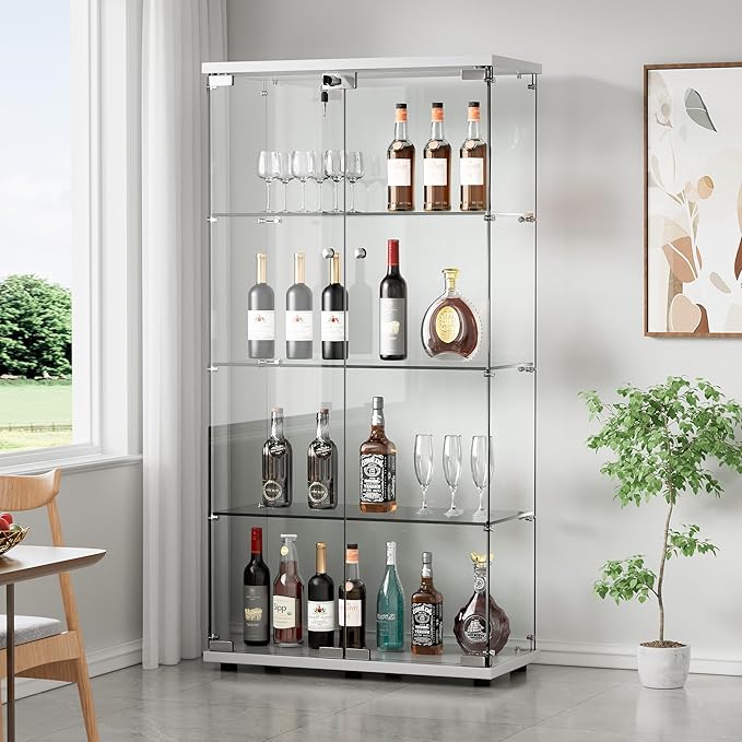 Yoluckea 4 Shelves Glass Display Cabinet with 2 Doors, Curio Collection Glass Display Case for Home Office, Floor Standing Bookshelf Corner Cabinet for Book, Toys, Glory (White) by Yoluckea