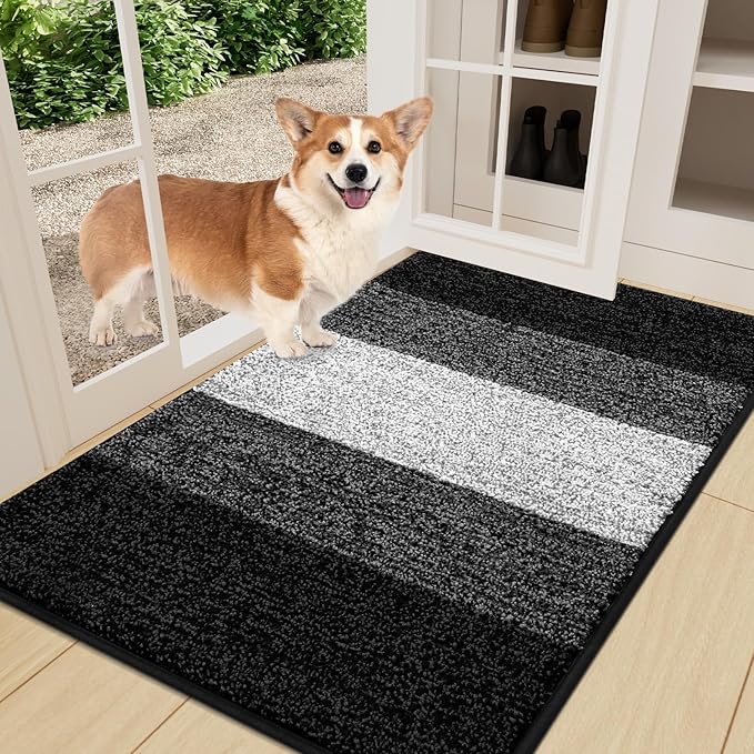 Smiry Dog Door Mat for Muddy Paws, Absorbs Moisture and Dirt, Low-Profile Entryway Mat with Non-Slip Backing, Entry Indoor Outdoor Doormat for Inside Floor (36x24 Inches, Black, Striped) by Smiry