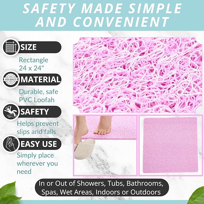 Enkosi Loofah Shower Mat Non-Slip - Anti-Slip Bath Mat for Inside Showers, Tub, Bathtub, Bathroom - Quick Dry PVC with Drain Holes - Cushioned Safety Grip - Secure for Kids and Elderly (Pink 24x24) - Image 4
