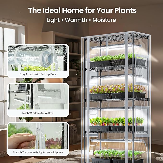 SOLIGT Indoor Greenhouse with Grow Lights - 5 Tier Plant Shelf & 8 x 2FT 6000K Full Spectrum Lights, Thick PVC Cover, Mesh Ventilation, Mini Small Greenhouse Cabinet for Seed Starting Seedlings Growth - Image 3