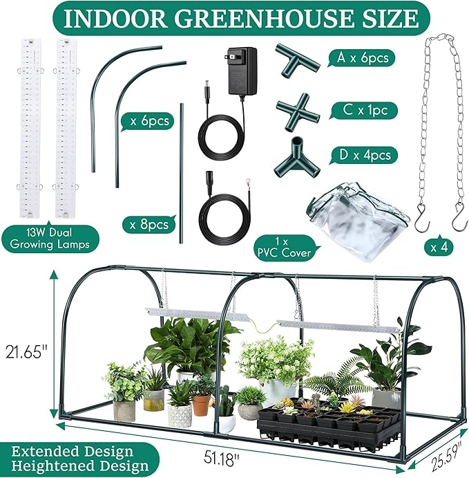 Meonum Mini Greenhouse with Grow Light, 51.18 "L x 25.59" W x 21.65" H Portable Greenhouses Waterproof UV-Resistant for Indoor/Outdoor Seed Starting(Dome Shape) - Image 2