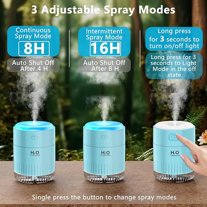SZO Portable Mini Humidifier, 500ML USB Personal Cool Mist Humidifiers for Bedroom Office Travel Desk, Whisper Quiet 20dB with 2 Mist Modes & Auto Shut-Off, Small Desktop Humidifier（WSQ02 Blue） - Image 4