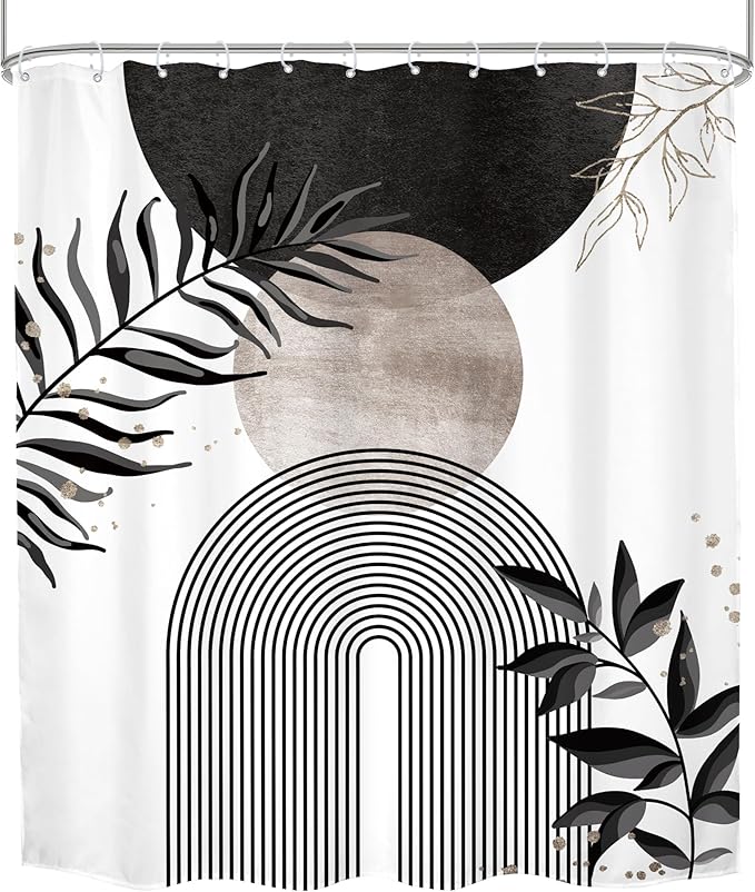 Black Grey Boho Shower Curtain 60Wx72H Bohemian Mid Century Modern Abstract Gray Gold Leaves Plant Minimalist Geometric Bathroom Decor Arch Neutral Bath Curtain Fabric Polyester 12 Pack Hooks - Image 8