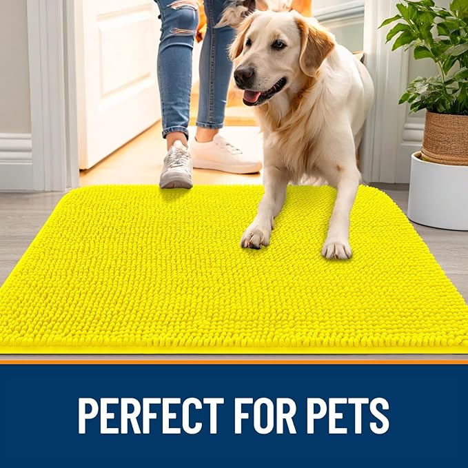 OLANLY Dog Door Mat for Muddy Paws 30x20, Absorbs Moisture and Dirt, Absorbent Non-Slip Washable Doormat, Quick Dry Chenille Mud Mat, Entry Indoor Entryway Carpet for Inside Floor, Lemon Yellow - Image 6