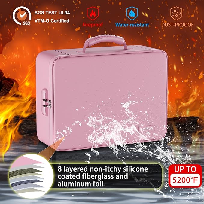 ENGPOW Fireproof File Organizer Bag with 13 Colorful Pockets Accordion File Folder,5200℉ Document Organizer Box with Lock&Labels,Multi-Layer Portable Home Safe Storage for Important Documents,Pink - Image 2