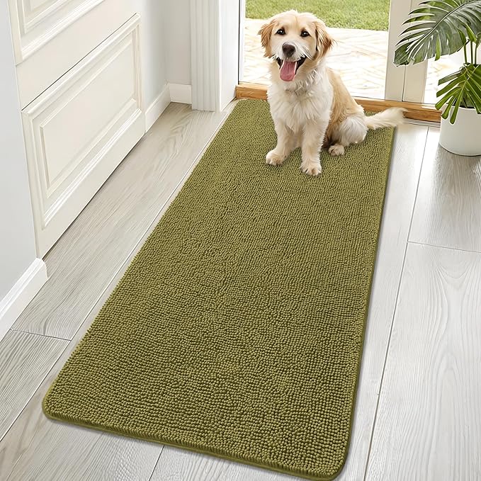 OLANLY Dog Door Mat for Muddy Paws 70x32, Absorbs Moisture and Dirt, Absorbent Non-Slip Washable Doormat, Quick Dry Chenille Mud Mat, Entry Indoor Entryway Carpet for Inside Floor, Willow Green by OLANLY