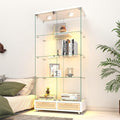 Yoluckea 4 Tier Glass Display Cabinet with LED Lighting and 2 Drawers, 2 Doors Floor Standing Curio Cabinet with Wheel for Home, Office, Corner Display, White Glass Bookshelf for Collections and Decor by Yoluckea