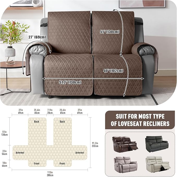 TAOCOCO 100% Waterproof Recliner Cover, Non-Slip Washable Reclining Couch Cover with Elastic Leg Straps, Furniture Protector for Dogs (Brown, 2 Seater) - Image 3