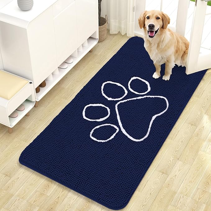 OLANLY Dog Door Mat for Muddy Paws 47x24, Paw Print Design, Absorbs Moisture and Dirt, Absorbent Non-Slip Washable Doormat, Quick Dry Chenille Mud Mat for Dogs, Entry Indoor Entryway Carpet, Navy Blue by OLANLY