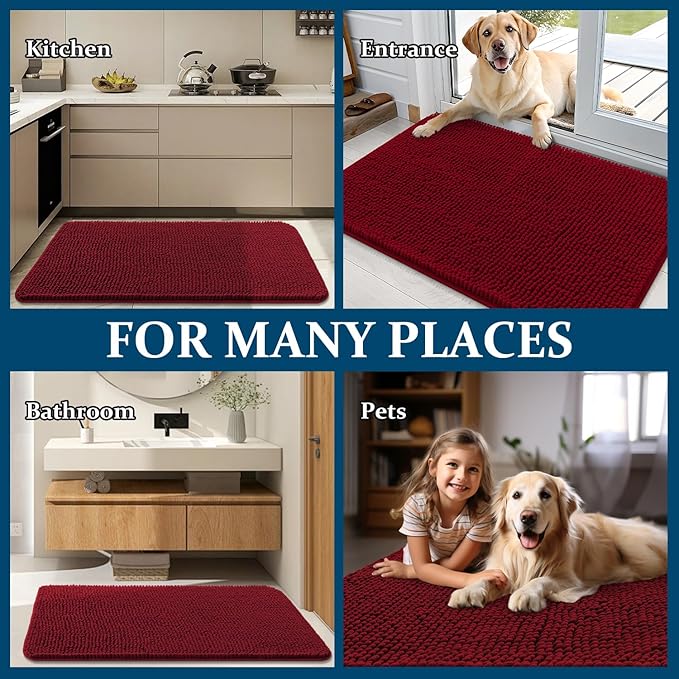 OLANLY Dog Door Mat for Muddy Paws 40x32, Absorbs Moisture and Dirt, Absorbent Non-Slip Washable Doormat, Quick Dry Chenille Mud Mat for Dogs, Entry Indoor Entryway Carpet for Inside Floor, Red - Image 8