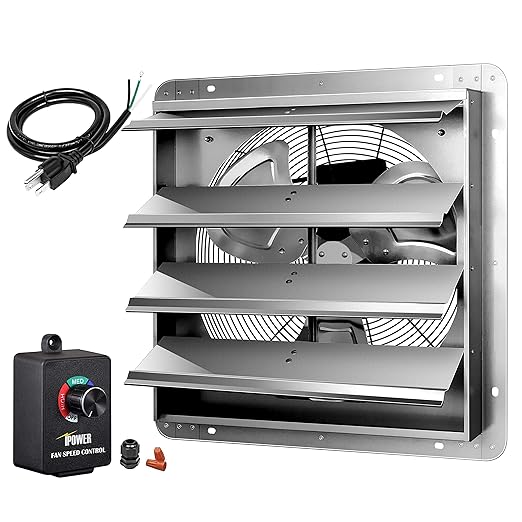 Simple Deluxe 18 Inch Wall Mounted Shutter Exhaust Fan with Speed Controller and Power Cord Kit, Aluminum, 1400 RPM, 2000 CFM, for Greenhouse, Attic, Garage, Louvered Vent, Plant, Silver by SimpleDeluxe