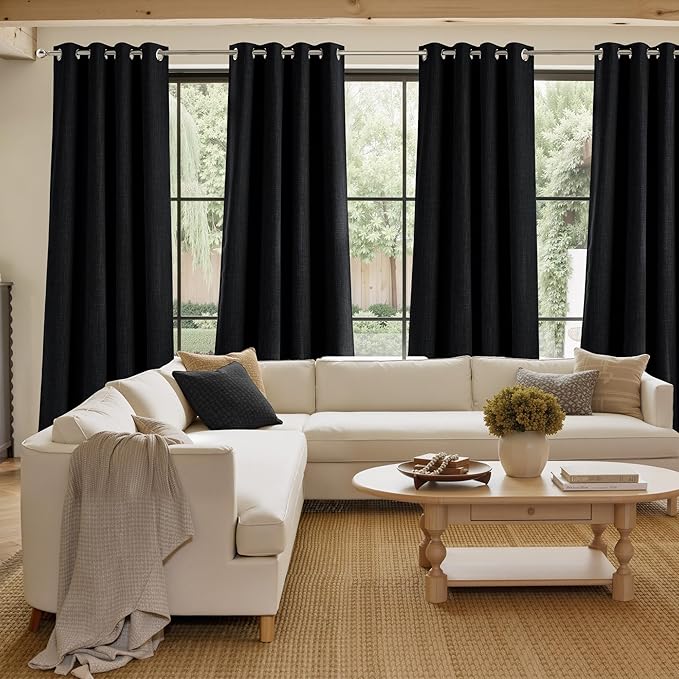 NICETOWN Black Faux Linen Room Darkening Rod Pocket Curtains 63 inch Length, W42 x L63, Light Blocking Thermal Insulated Noise Reducing Drapes for Bedroom Living Room Farmhouse Decor, 2 Panels - Image 4