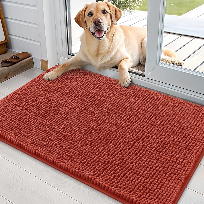OLANLY Dog Door Mat for Muddy Paws 36x24, Absorbs Moisture and Dirt, Absorbent Non-Slip Washable Doormat, Quick Dry Chenille Mud Mat for Dogs, Entry Indoor Entryway Carpet for Inside Floor, Maple Red by OLANLY