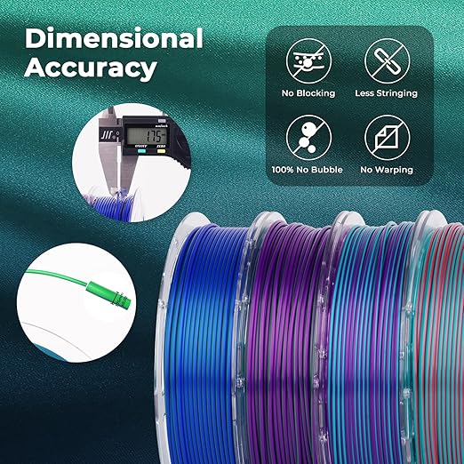 AMOLEN Silk PLA 3D Printer Filament Bundle, Shiny Dual Color PLA Filament 1.75mm Pack, PLA 3D Printing Filament, Blue Green Coral Dark Violet Purple 200g X 4 Spools - Image 6