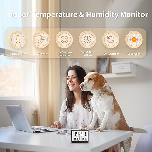 DOOMAY Room Thermometer Indoor - Hygrometer Temperature and Humidity Monitor with High Accuracy Sensor LCD Display Large Display Date Clock for Kitchen Baby Room Office (Black) - Image 2