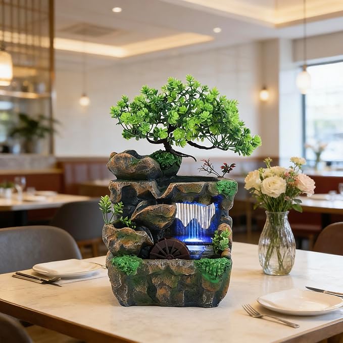 11.81" Tabletop Rockery Fountain Indoor Waterfall Bonsai Desktop Mini Rockery Water Fountain with Automatic Pump and LED Light, Home Office Bedroom Humidifier Desk Decorate - Image 4
