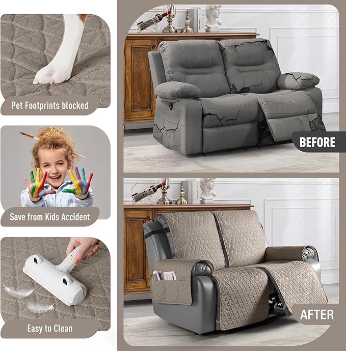 TAOCOCO 100% Waterproof Recliner Cover, Non-Slip Washable Reclining Couch Cover with Elastic Leg Straps, Furniture Protector for Dogs (Taupe, 2 Seater) - Image 2